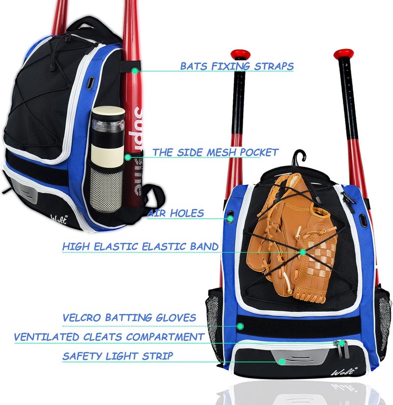 WOLT Youth Baseball Bag - Bat Backpack for Baseball, T-Ball & Softball Equipment & Gear, Bat & Glove Holder, Large Main Compartment for Helmet & accessories, Separate Shoes Compartment, Fence Hook - Image 4